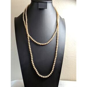 Vintage Faux Champagne Hand-Knotted 6mm Glass Pearl 32" Long Strand Necklace